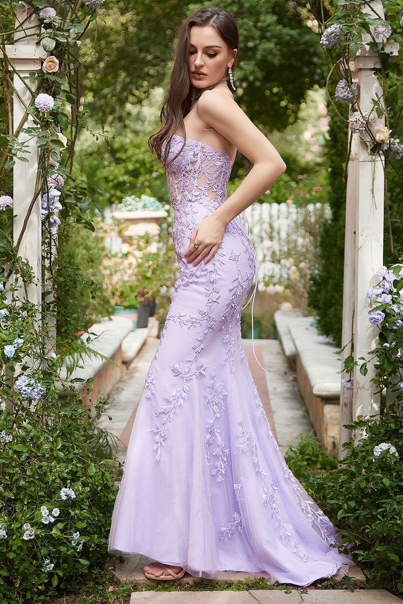 Load image into Gallery viewer, Lavender Strapless Mermaid Prom Dress with Appliques