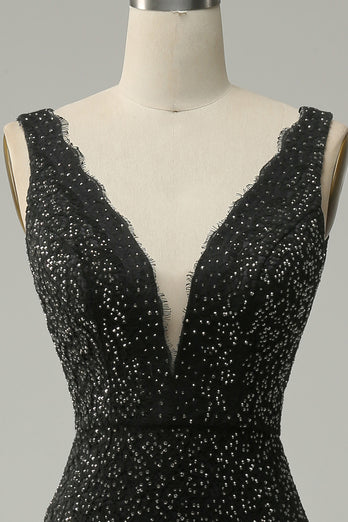 Elegant Glitter Rhinestone Black Lace Long Prom Dress