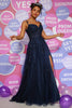 Load image into Gallery viewer, Navy Tulle Princess Prom Dress with Appliques