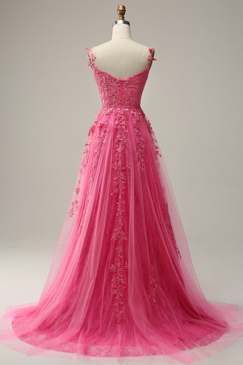 Off the Shoulder Hot Pink Prom Dress with Appliques