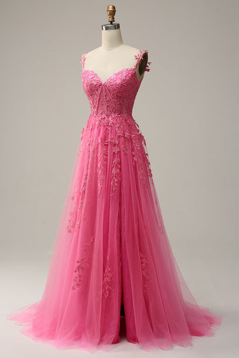 Off the Shoulder Hot Pink Prom Dress with Appliques