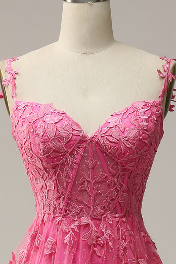 Off the Shoulder Hot Pink Prom Dress with Appliques