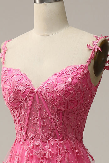 Off the Shoulder Hot Pink Prom Dress with Appliques