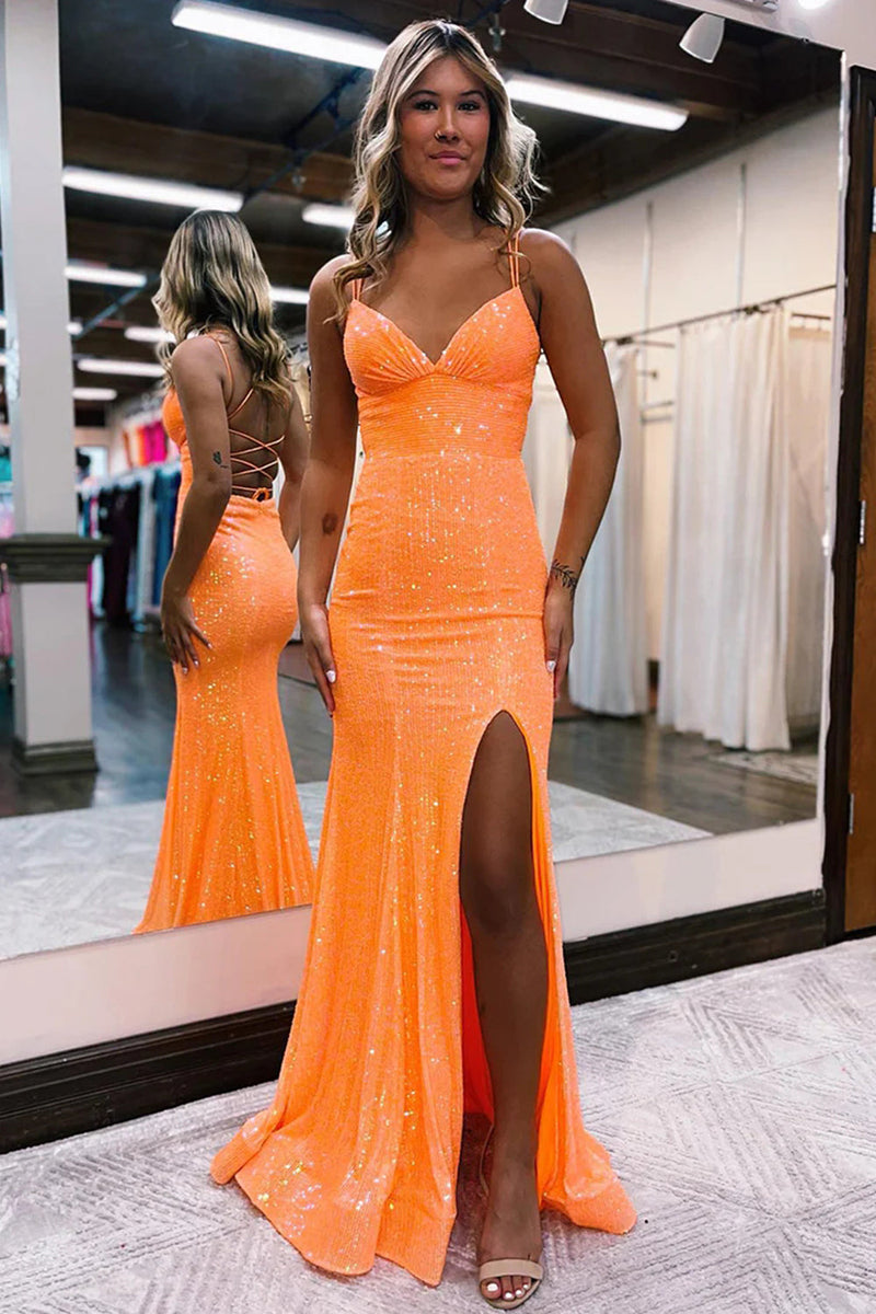 Load image into Gallery viewer, Mermaid Spaghetti Straps Orange Sparkly Prom Dress with Sequins