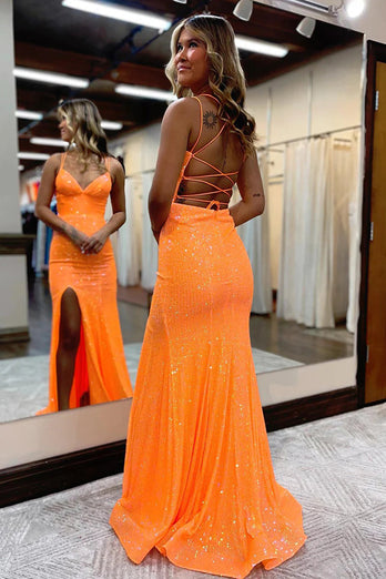 Hellymoon Women Mermaid Spaghetti Straps Orange Sparkly Prom Dress with Sequins hellymoonuk