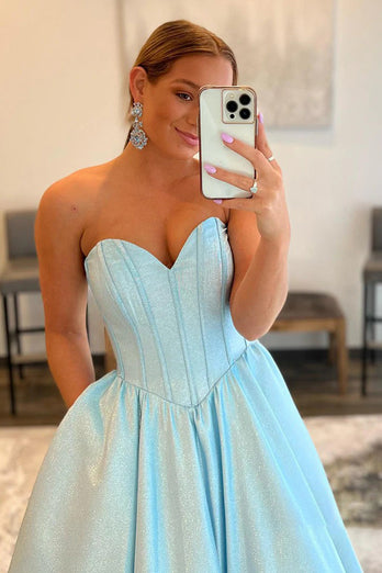 Sweetheart A-Line Strapless Blue Corset Prom Dress