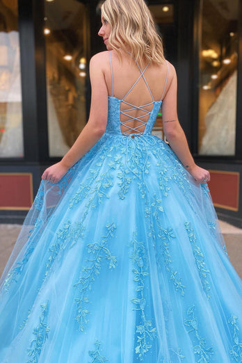 Spaghetti Straps Long Princess Prom Dress with Appliques