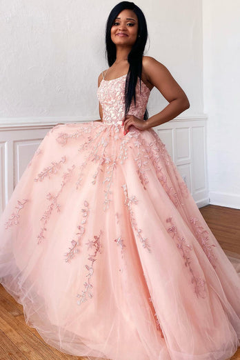 Spaghetti Straps Long Princess Prom Dress with Appliques