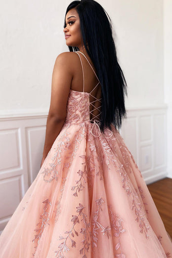 Spaghetti Straps Long Princess Prom Dress with Appliques