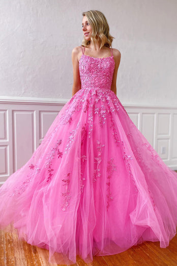 Spaghetti Straps Long Princess Prom Dress with Appliques