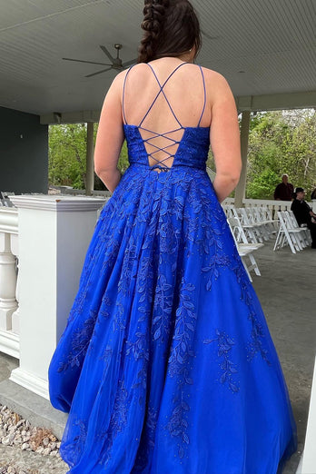 Spaghetti Straps Long Princess Prom Dress with Appliques