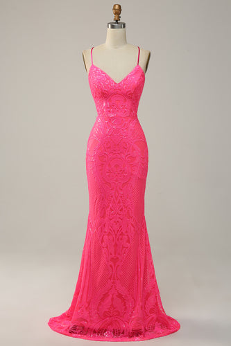 Hot Pink Mermaid Spaghetti Straps Sparkly Prom Dress with Sequins