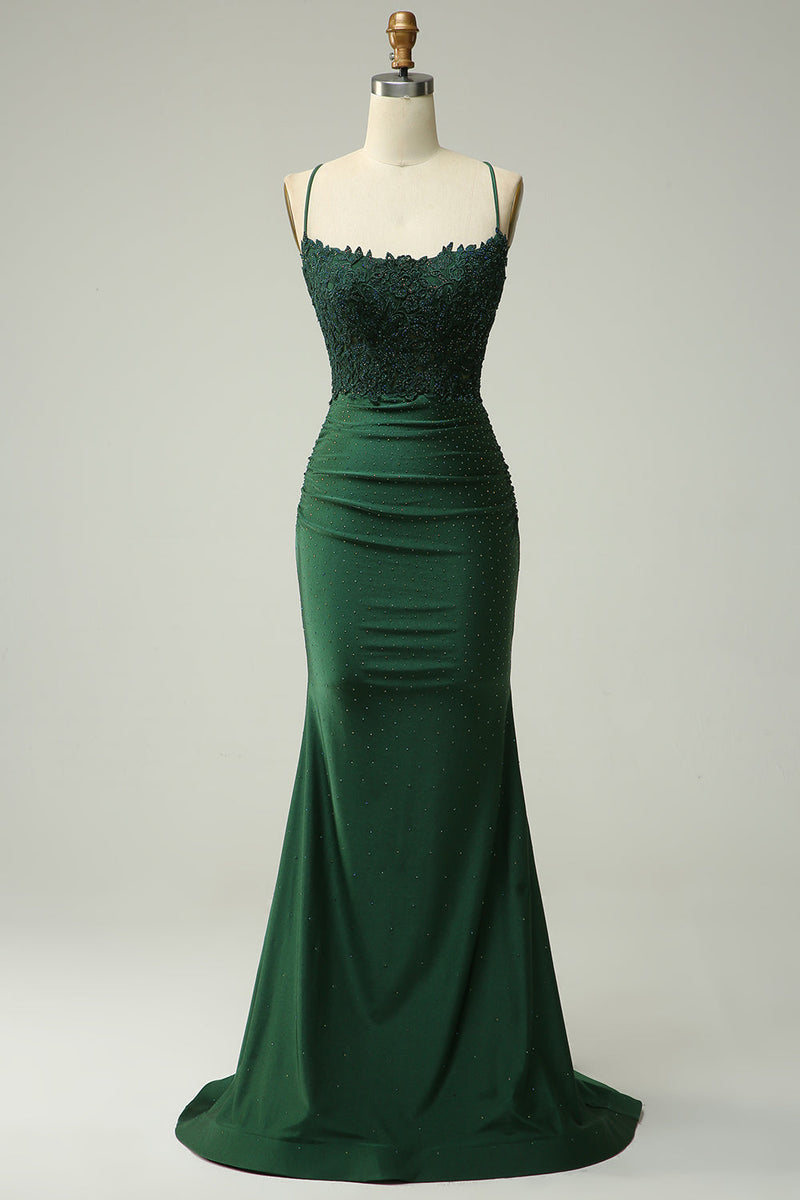 Load image into Gallery viewer, Dark Green Halter Mermaid Prom Dress with Beading