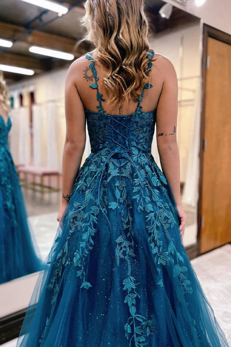 Load image into Gallery viewer, Glitter Blue Lace A-Line Long Prom Dress