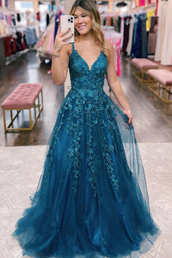 Glitter Blue Lace A-Line Long Prom Dress