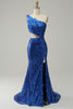 Load image into Gallery viewer, Mermaid One Shoulder Royal Blue Sequins Cut Out Prom Dress with Split Front