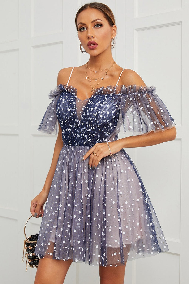 Load image into Gallery viewer, Navy Polka Dots Off Shoulder Cocktail Dress