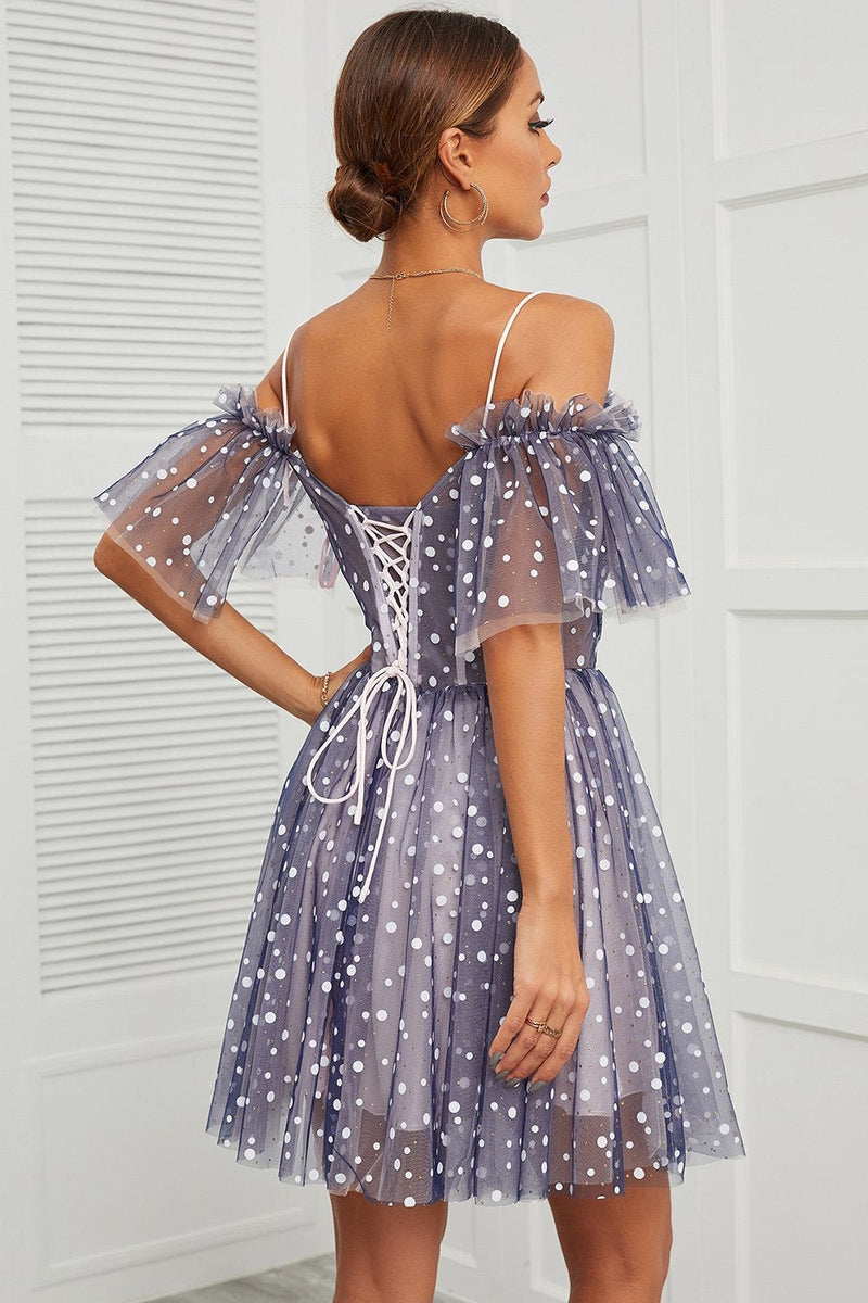 Load image into Gallery viewer, Navy Polka Dots Off Shoulder Cocktail Dress