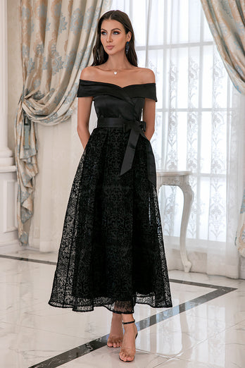 Black Off Shoulder Lace Prom Dress