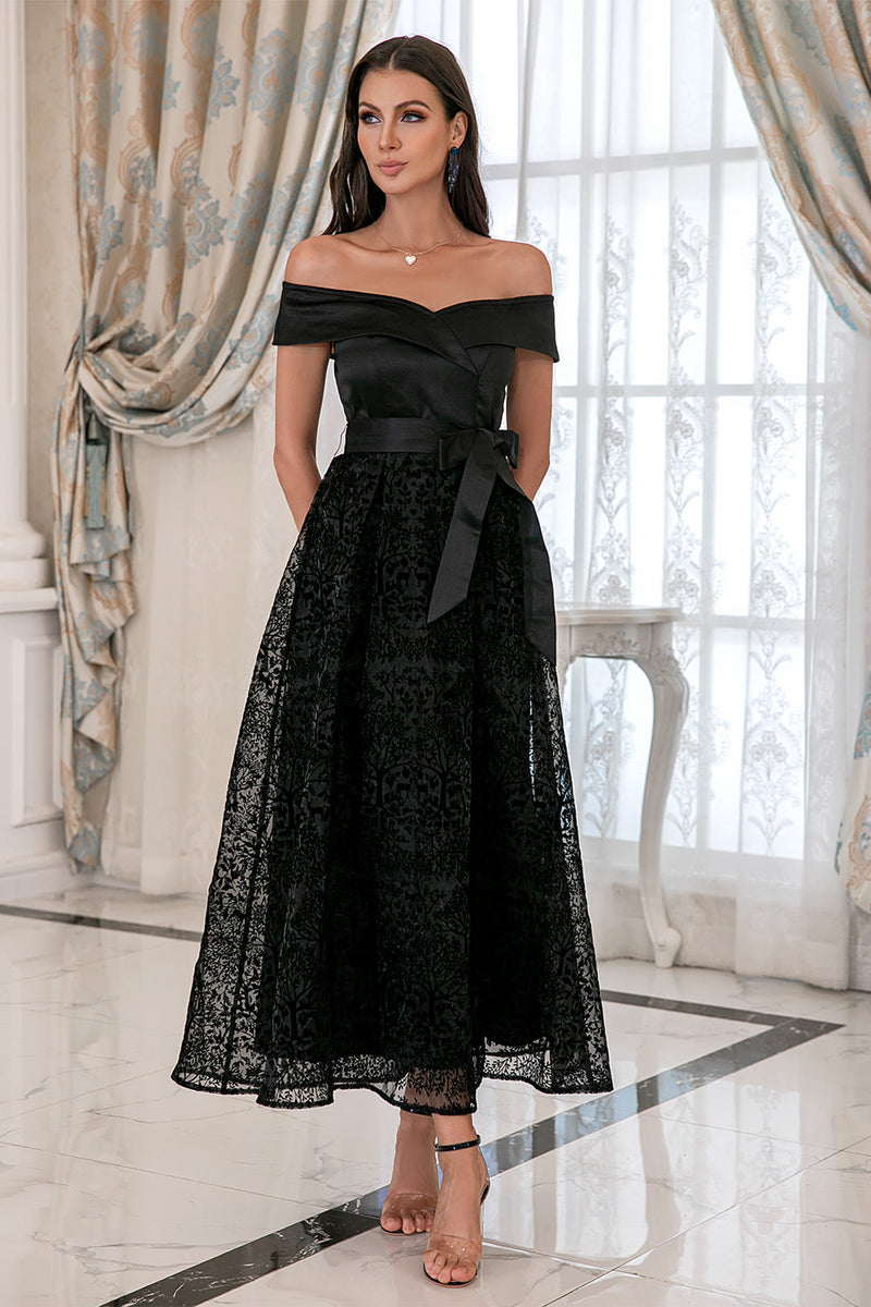 Load image into Gallery viewer, Black Off Shoulder Lace Prom Dress