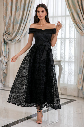 Black Off Shoulder Lace Prom Dress