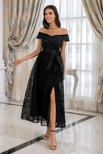 Black Off Shoulder Lace Prom Dress