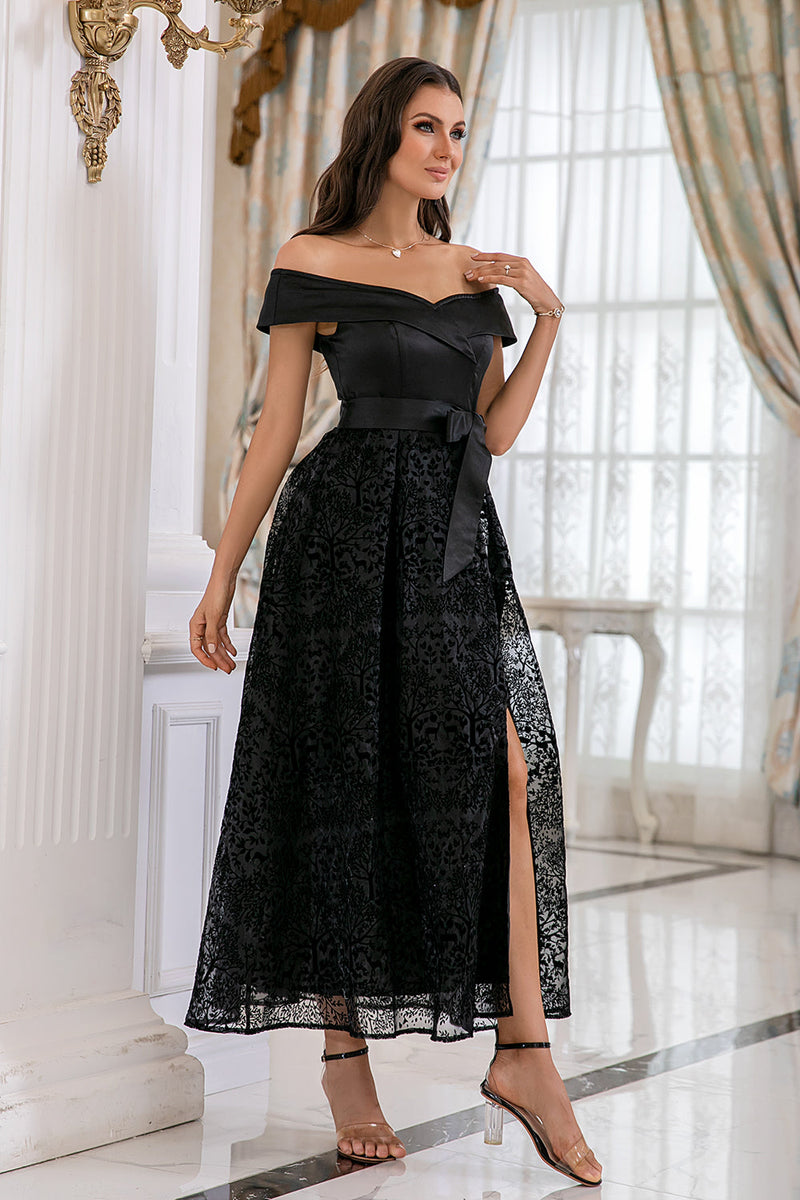 Load image into Gallery viewer, Black Off Shoulder Lace Prom Dress