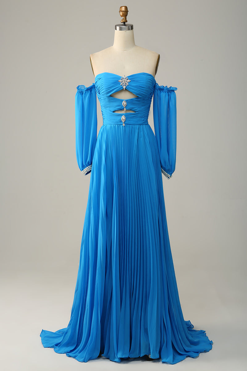 Load image into Gallery viewer, Off The Shoulder Blue Prom Dress with Ruffles