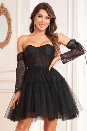 A Line Sweetheart Black Graduation Dress with Lace Sleeves