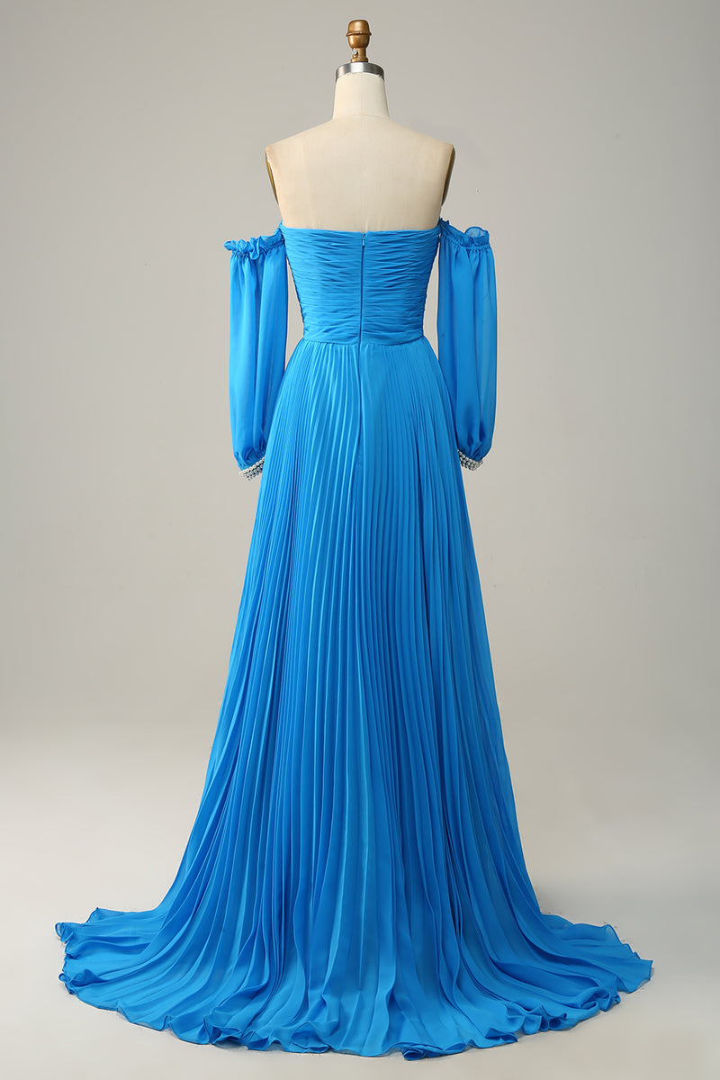 Load image into Gallery viewer, Off The Shoulder Blue Prom Dress with Ruffles