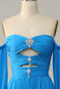 Load image into Gallery viewer, Off The Shoulder Blue Prom Dress with Ruffles