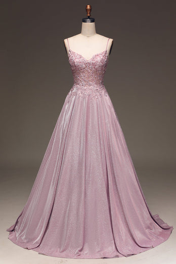 Glitter Spaghetti Straps Blush Prom Dress with Beading