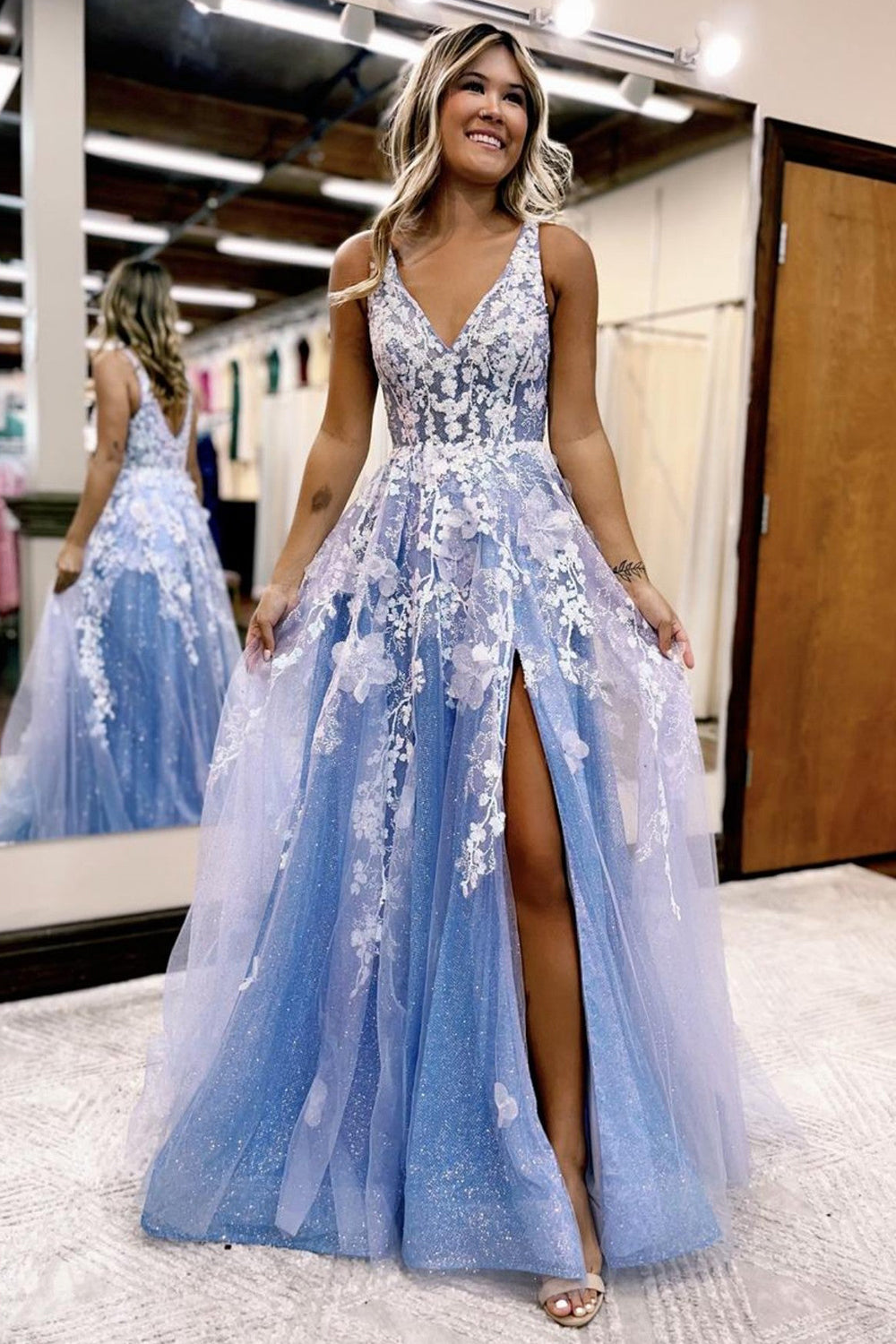 A Line Blue Tulle Long Prom Dress With Slit