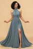 Load image into Gallery viewer, Grey Halter Ruched Long Chiffon Bridesmaid Dress with Slit