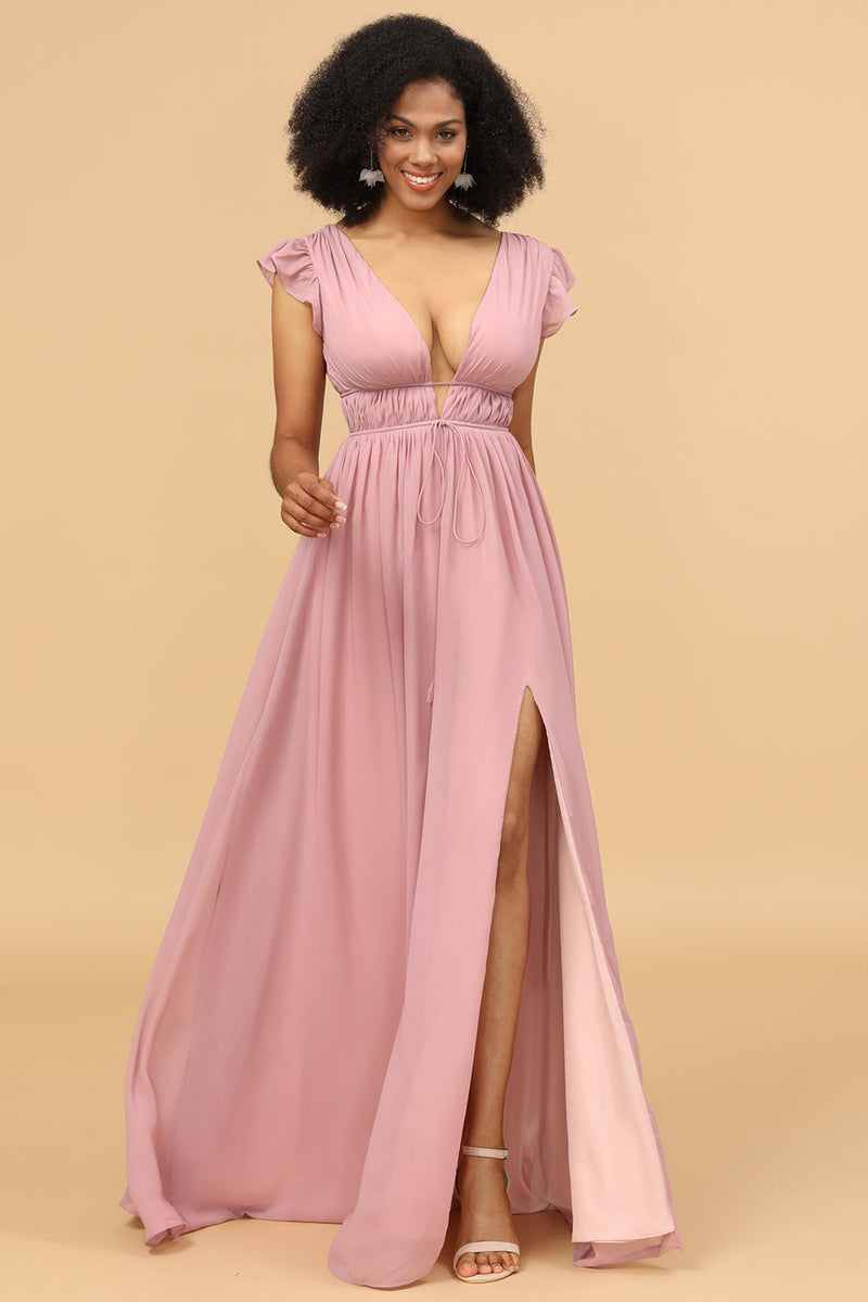 Load image into Gallery viewer, Blush V-Neck Long Chiffon Bridesmaid Dress