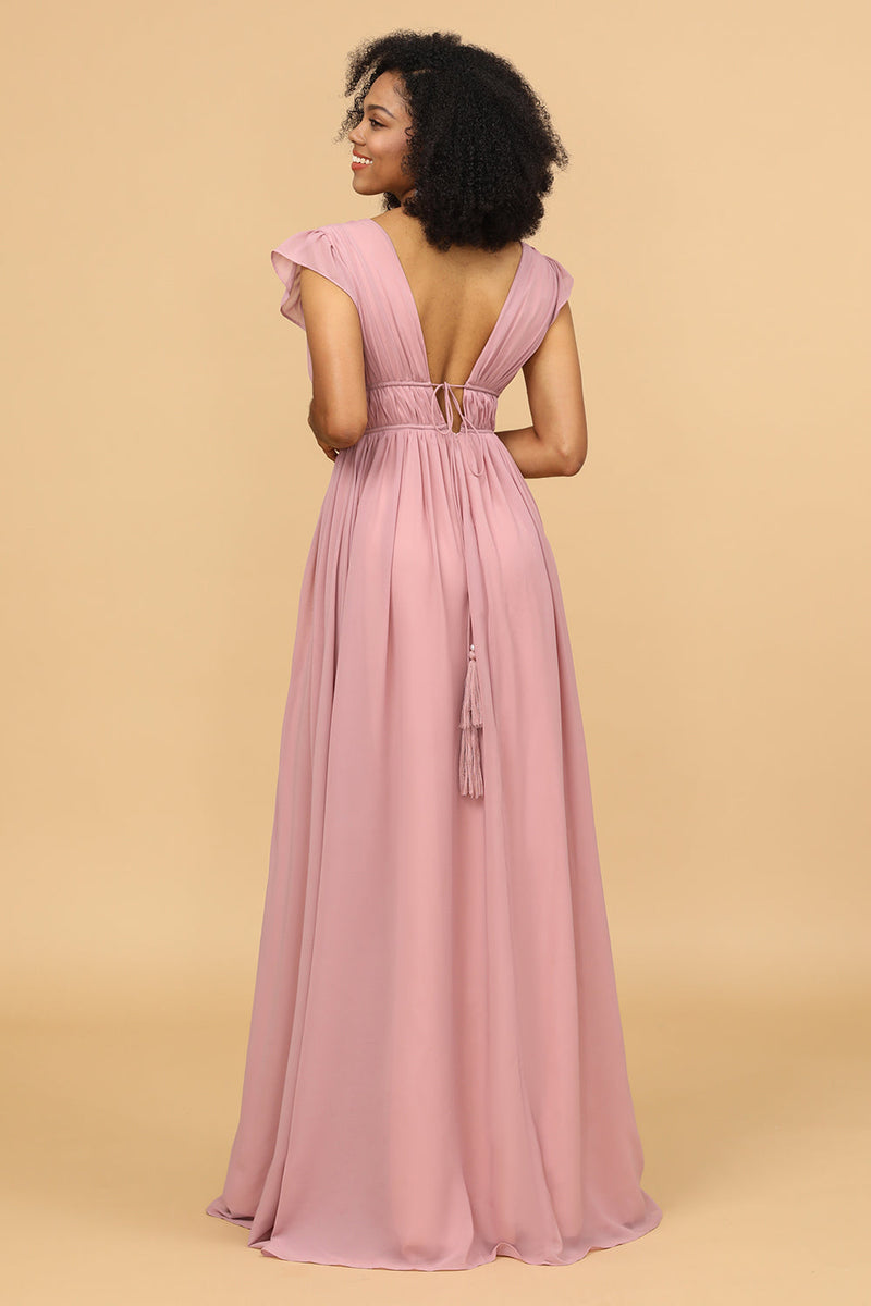 Load image into Gallery viewer, Blush V-Neck Long Chiffon Bridesmaid Dress