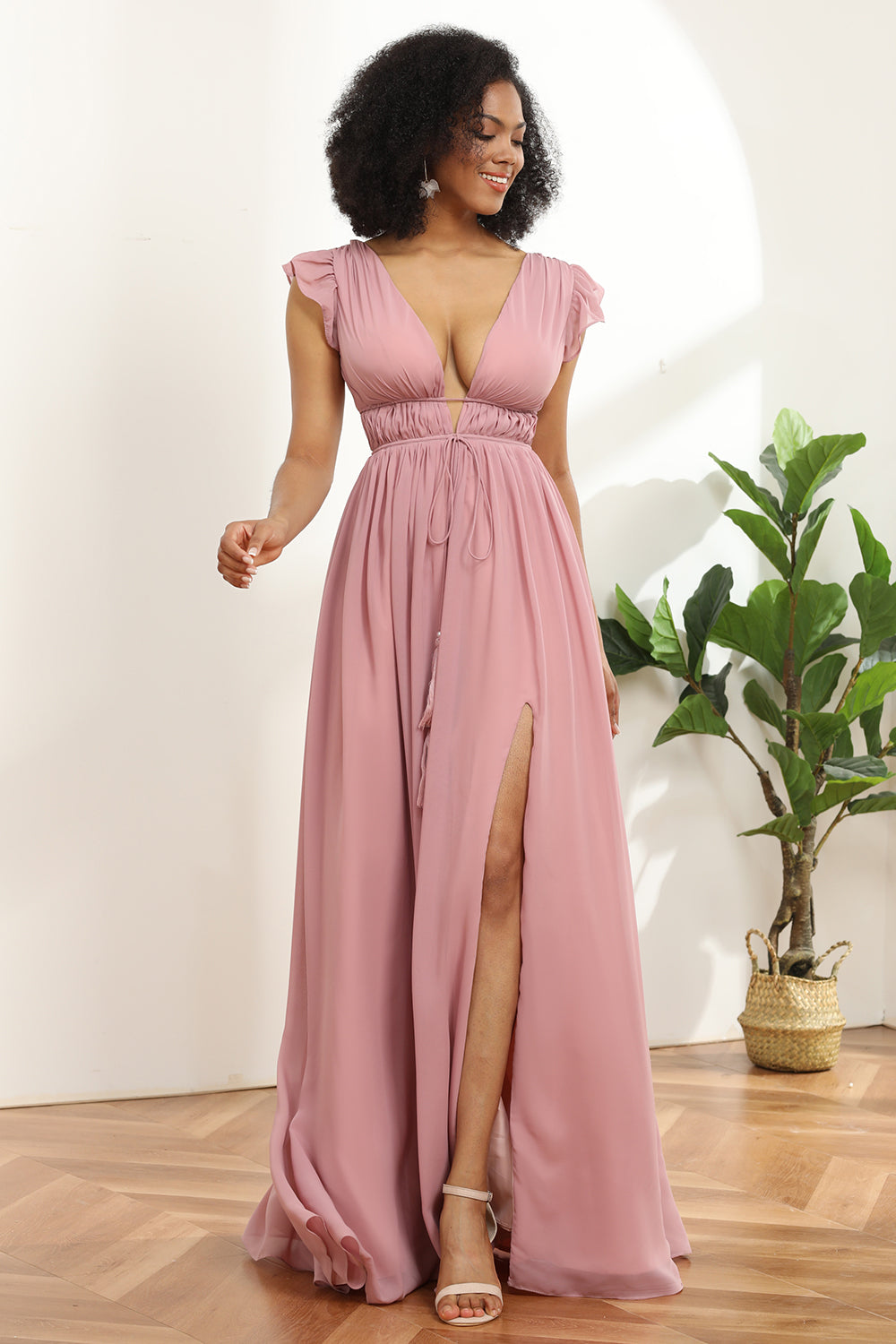 Blush V-Neck Long Chiffon Bridesmaid Dress