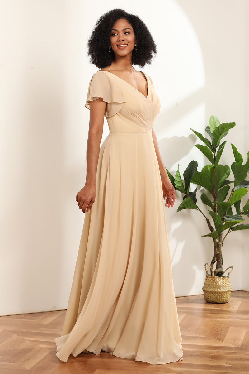 Load image into Gallery viewer, Champagne Cap Sleeves Long Chiffon Bridesmaid Dress