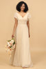 Load image into Gallery viewer, Champagne Cap Sleeves Long Chiffon Bridesmaid Dress