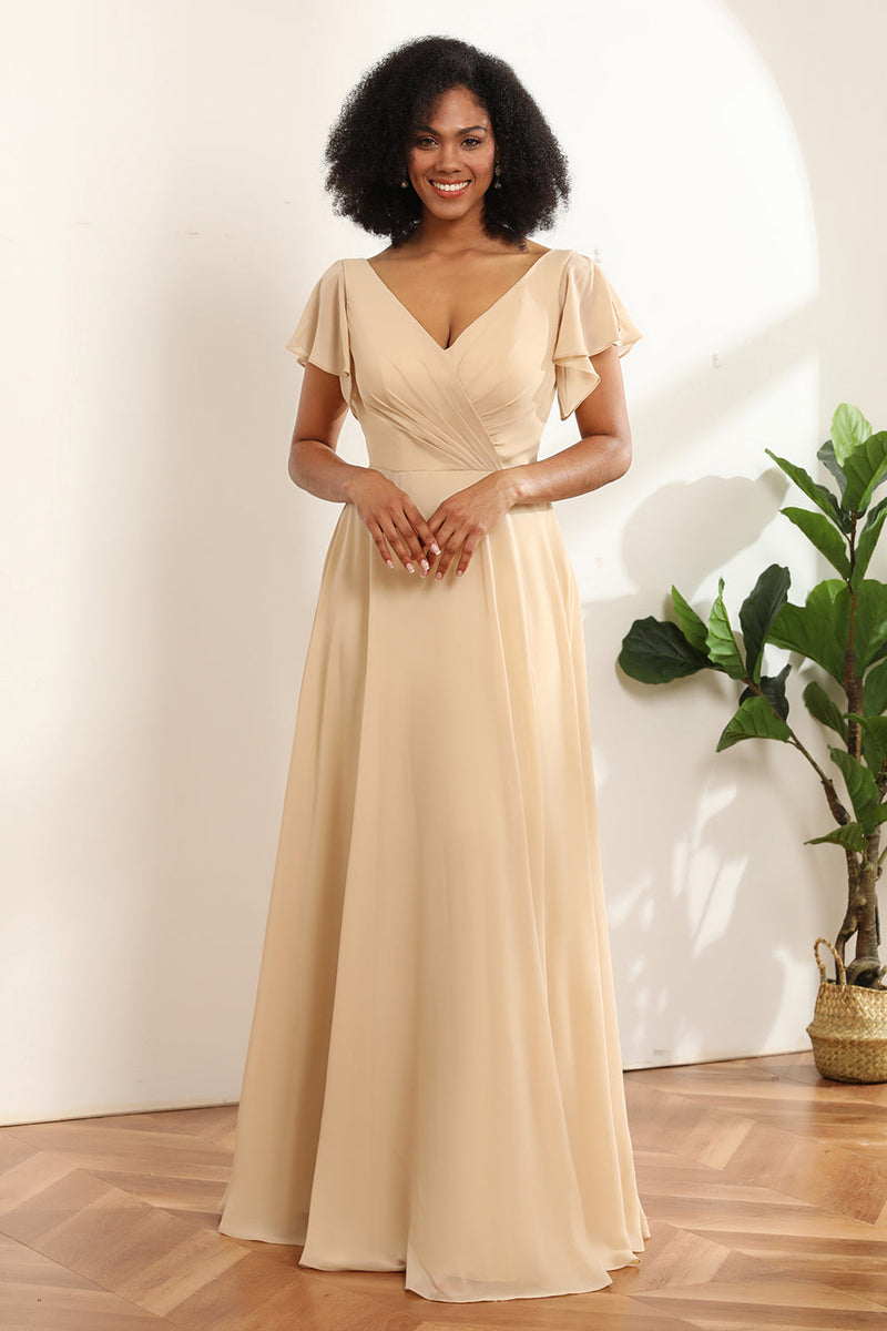 Load image into Gallery viewer, Champagne Cap Sleeves Long Chiffon Bridesmaid Dress