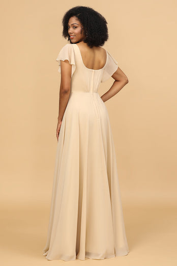 Champagne Cap Sleeves Long Chiffon Bridesmaid Dress