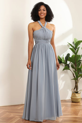 Grey Blue Convertible Long Chiffon Bridesmaid Dress