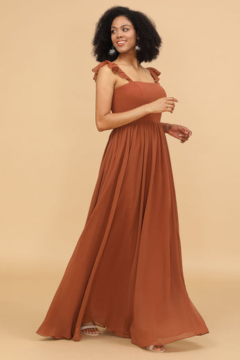 Terracotta Chiffon A-Line Floor Length Bridesmaid Dress With Ruffles