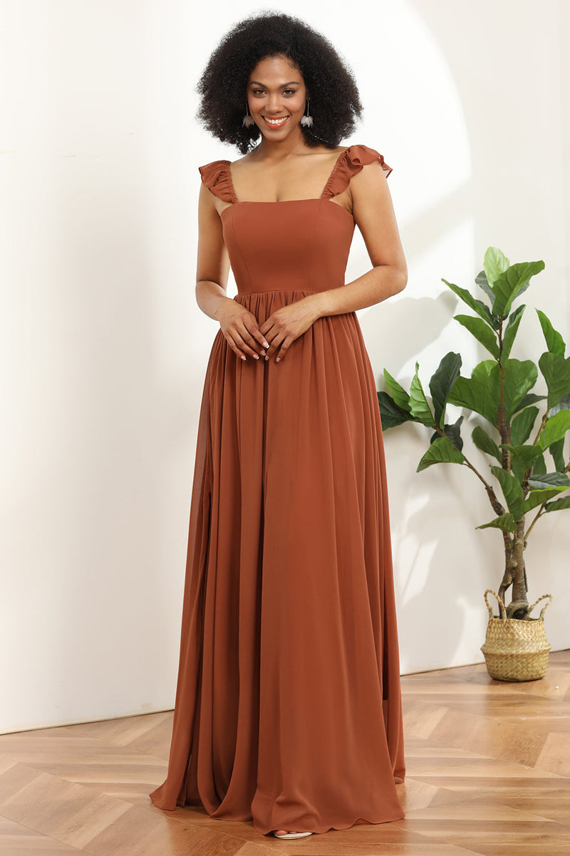 Load image into Gallery viewer, Terracotta Chiffon A-Line Floor Length Bridesmaid Dress With Ruffles