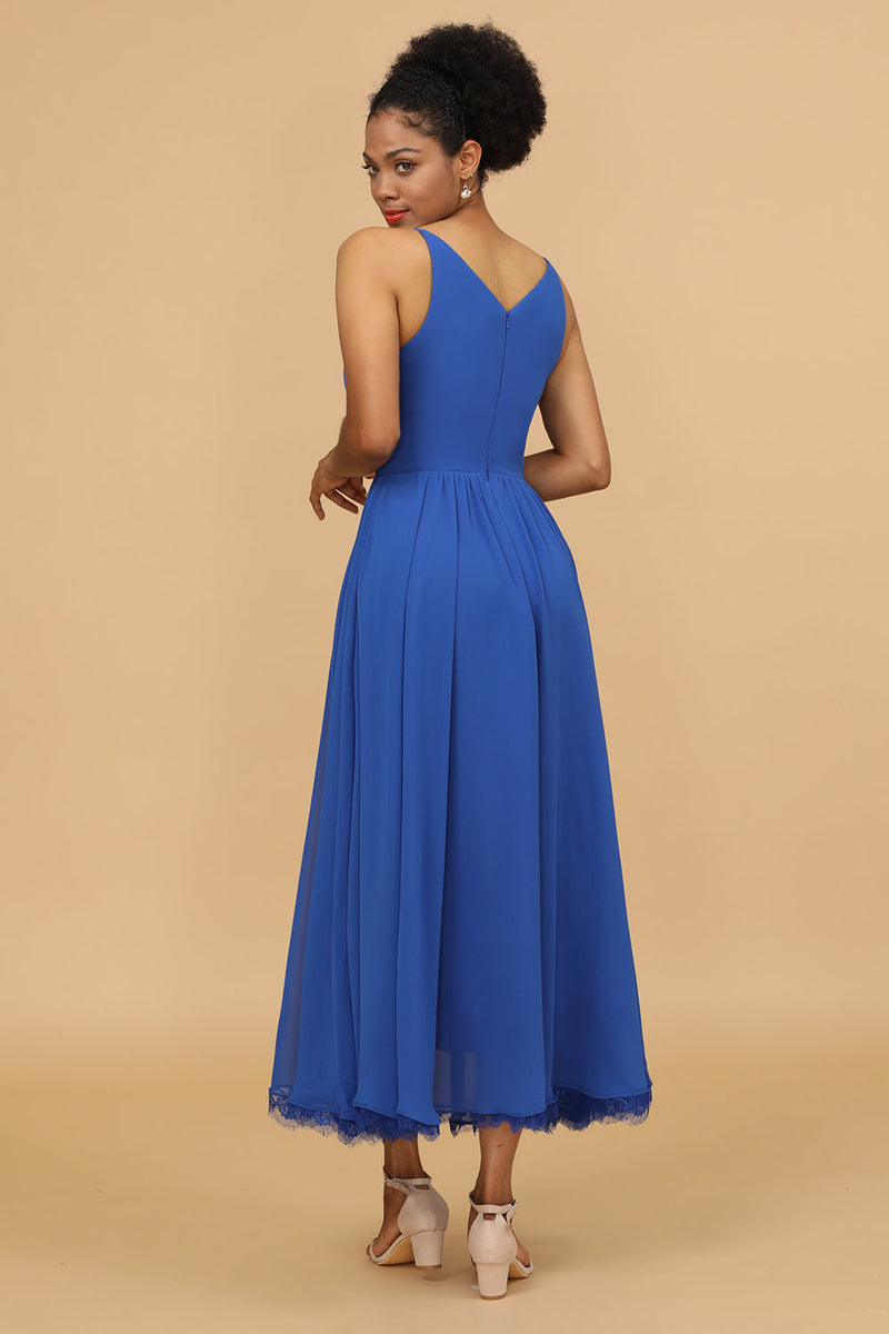 Load image into Gallery viewer, Royal Blue V-Neck Chiffon Bridesmaid Dress