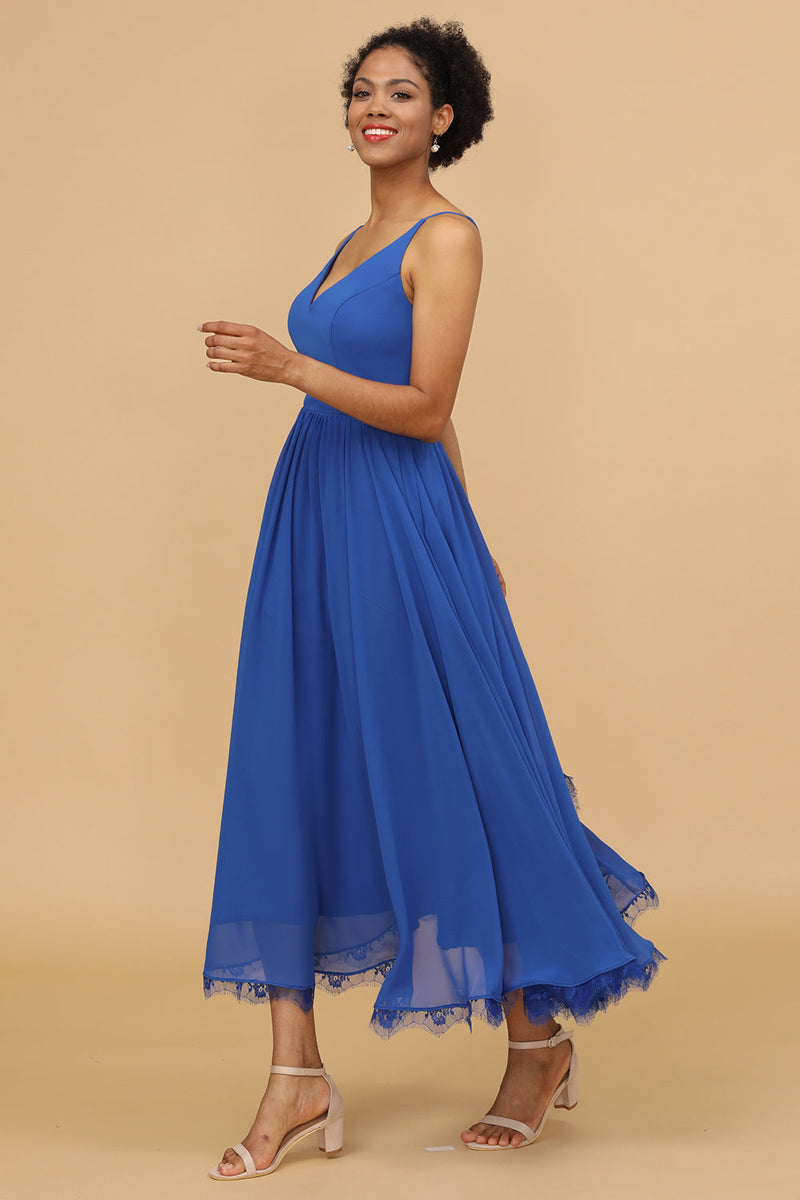 Load image into Gallery viewer, Royal Blue V-Neck Chiffon Bridesmaid Dress