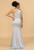 Load image into Gallery viewer, Grey Satin One Shoulder Mermaid Bridesmaid Dress With Bowknot