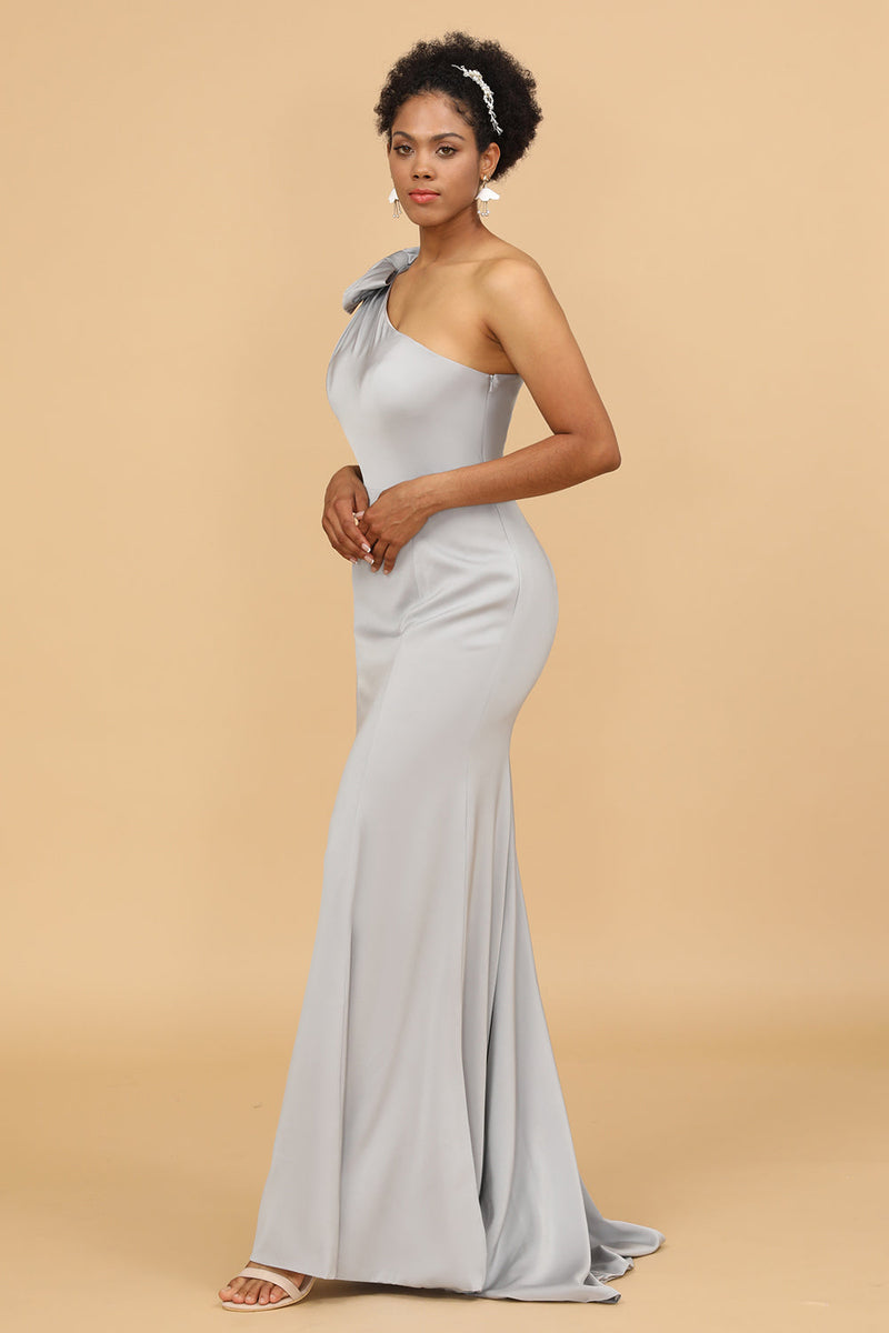 Load image into Gallery viewer, Grey Satin One Shoulder Mermaid Bridesmaid Dress With Bowknot