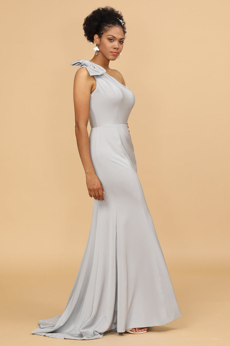 Load image into Gallery viewer, Grey Satin One Shoulder Mermaid Bridesmaid Dress With Bowknot