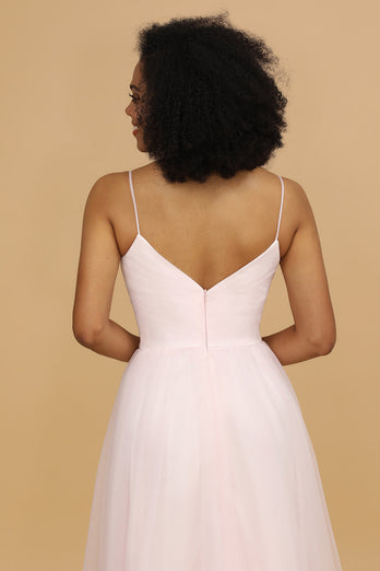 Pink Spaghetti Straps Tulle Bridesmaid Dress